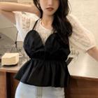 Short-sleeve Mock Two-piece Lace Blouse Black & White - One Size