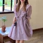 Bell-sleeve Ruffled Mini A-line Dress Purple - One Size