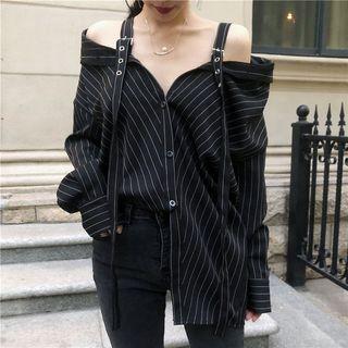 Long-sleeve Cold Shoulder Striped Shirt Black - One Size
