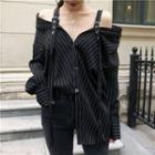 Long-sleeve Cold Shoulder Striped Shirt Black - One Size