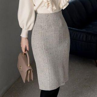 Slit-hem Tweed Pencil Skirt