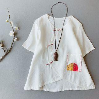 Short-sleeve Frog-buttoned Linen Blouse