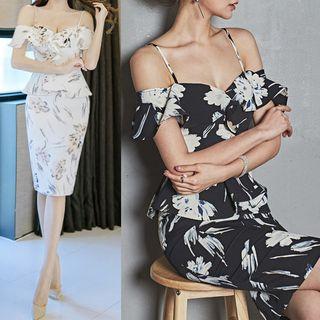 Short-sleeve Cold Shoulder Floral Print Sheath Dress