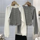 Long-sleeve Stripe Panel Plain Cropped Sweatshirt