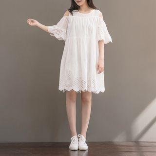 Eyelet Trim Cutout Shoulder A-line Dress