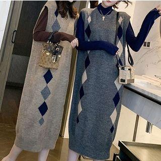 Mock Neck Sweater / Sleeveless Midi Knit Dress