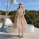Open Back Sequined Spaghetti Strap Maxi A-line Dress