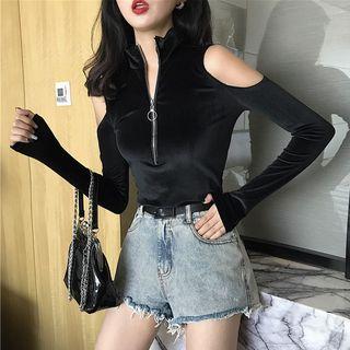Long-sleeve Cold Shoulder Zip Placket Velvet Top