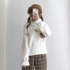 Carrot Embroidered Long-sleeve Top / Plaid Pinafore Dress / Straight Cut Pants