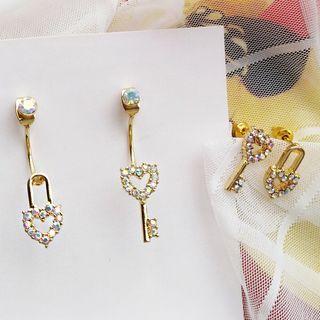 Non-matching Rhinestone Heart Lock & Key Dangle Earring