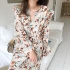 Floral V-neck Long-sleeve Loose-fit Dress Almond - One Size