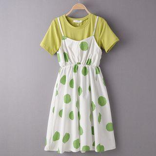 Set: Short-sleeve T-shirt + Spaghetti Strap Polka Dot A-line Dress