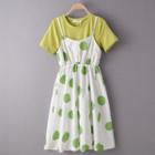 Set: Short-sleeve T-shirt + Spaghetti Strap Polka Dot A-line Dress