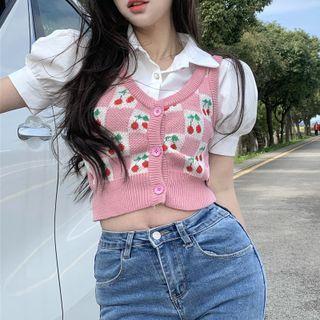 Cherry Cropped Sweater Vest / Puff-sleeve Blouse