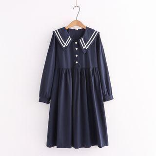 Long-sleeve Sailor Collar Button-up A-line Dress