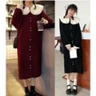 Long-sleeve Wide Collar Buttoned Midi Dress