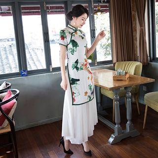 Mock Two Piece Short Sleeve Printed Qipao