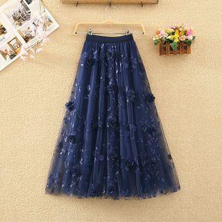 Flower Applique Midi A-line Skirt