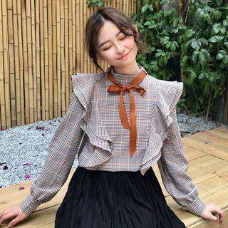 Ruffled Gingham Long-sleeve Blouse