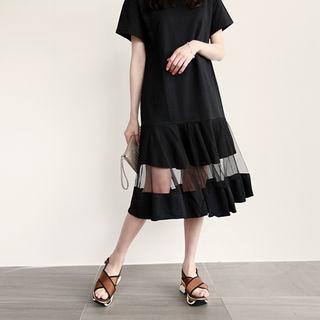 Ruffled Mesh-hem Midi T-shirt Dress