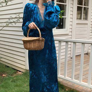 Long Sleeve V Neck Lace Trim Plain Velvet Dress