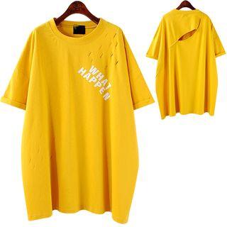 Elbow-sleeve Lettering Oversized Ripped T-shirt