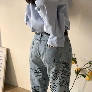 Cropped Lettering Loose Fit Jeans
