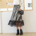 Lace Trim Velvet Pleated Midi Skirt