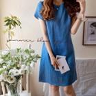 Petal-sleeve Linen Dress Blue - One Size