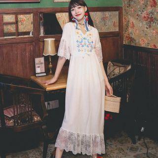 Elbow-sleeve Embroidered Lace Trim Midi A-line Dress