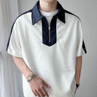 Short-sleeve Two-tone Half-zip Polo Shirt