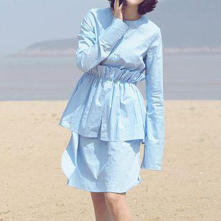 Long-sleeve Frilled Panel Plain Dress