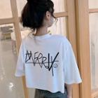 Elbow-sleeve Letter Cropped T-shirt White - One Size
