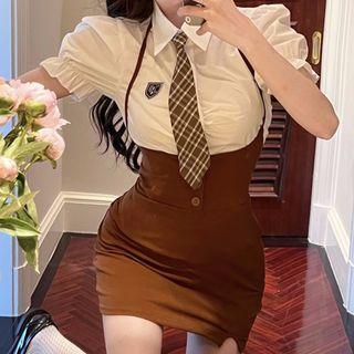 Short-sleeve Embroidered Shirt / Plaid Tie / Mini Overall Dress / Set
