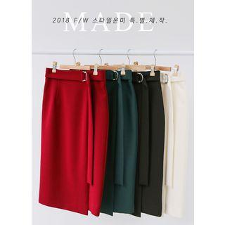 Belted Slit-hem Midi H-line Skirt