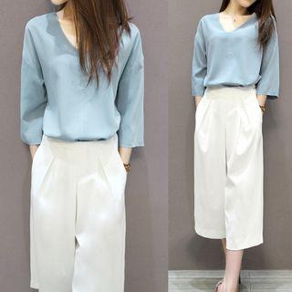 Set: V-neck 3/4-sleeve Top + Wide Leg Cropped Pants