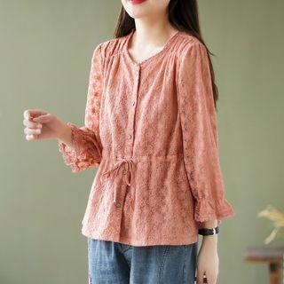 Long-sleeve Drawstring-waist Button-up Lace Blouse