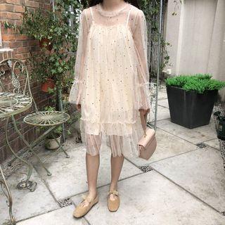 Mock Two-piece Mesh Long-sleeve Midi Dress