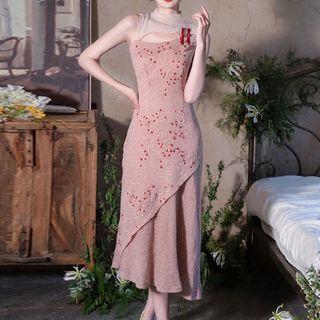 Sleeveless Floral Embroidered Knit Midi A-line Dress