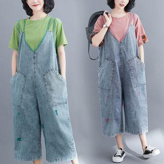 Contrast Color Denim Wide-leg Cropped Jumper Pants