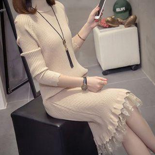 Long-sleeve Lace Hem Midi Sheath Knit Dress