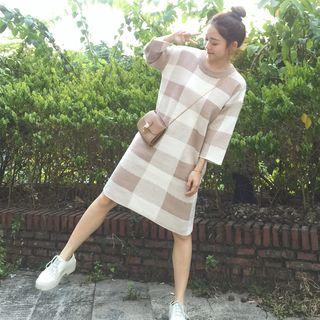 3/4-sleeve Check Knit Dress