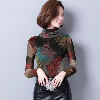 Long-sleeve Turtleneck Leaf Print Mesh Top