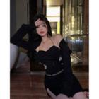 Spaghetti-strap Mini Sheath Dress / Chain Belt / Shrug / Oversleeves / Set