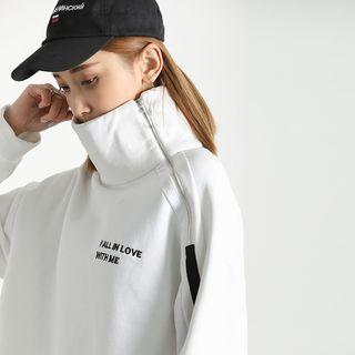 Zipper-shoulder Embroidered High-neck Pullover
