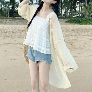 Wide-strap Open Knit Long Cardigan