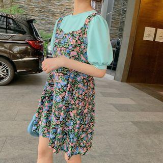 Puff-sleeve Panel Mock Two-piece Floral Mini A-line Dress