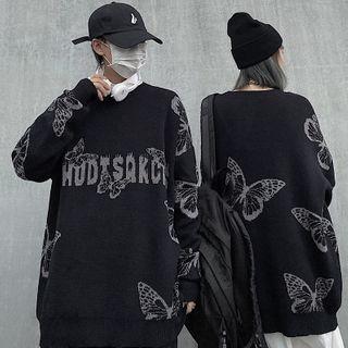 Lettering Butterfly Patterned Sweater
