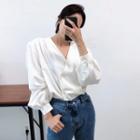 V-neck Double-breasted Blouse White - One Size