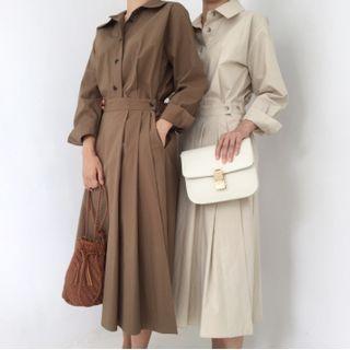 Long-sleeve Pleated A-line Shirtdress